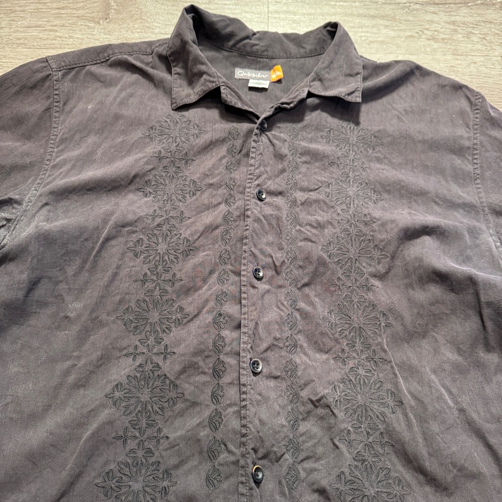 Vintage Quiksilver Shirt Mens L Black Silk Cotton Waterman Embroidery Disco VTG